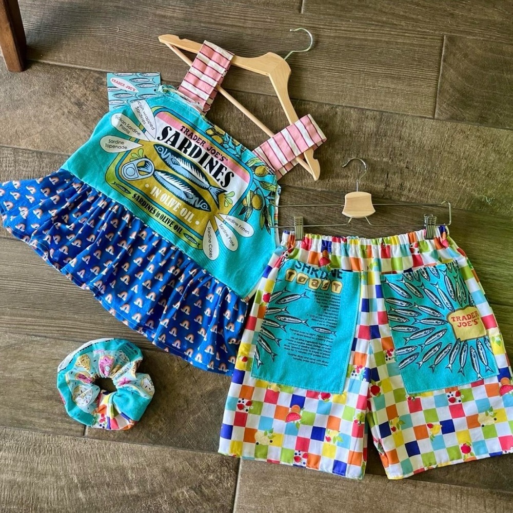 Handmade Top&Shorts Set | Trader Joe’s SKU 06226 Sardine Fish/Big Pockets - Picture 1 of 8